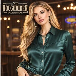 VTG Roughrider Circle T Emerald Green Western Pearl Snap Satin Shirt USA Size S